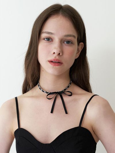 KINDABABY ribbon point chain choker necklace - black