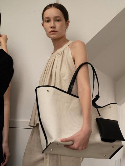 KINDERSALMON Essential Leather-Trimmed Canvas Tote Ecru