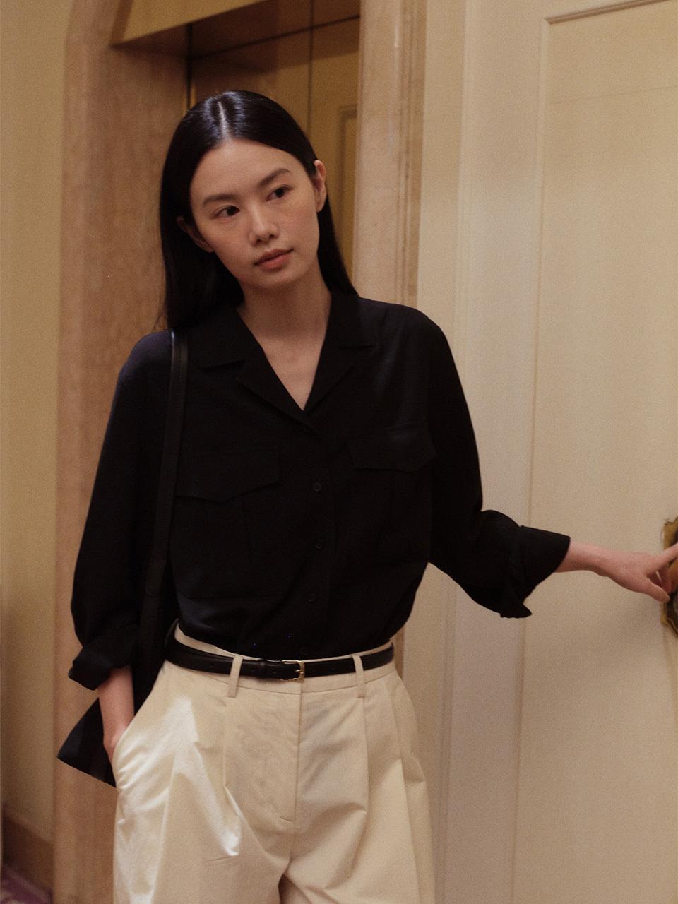 KINDERSALMON Linen Collar Shirt Black