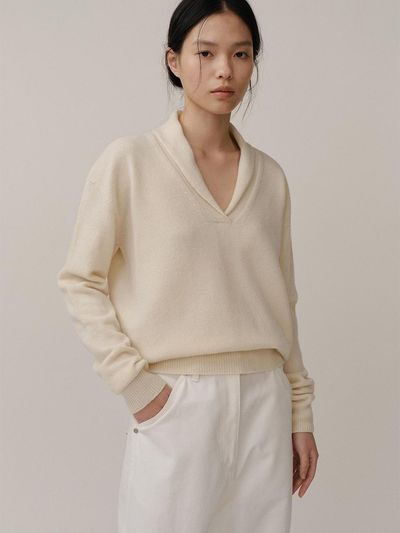 KINDERSALMON PF24 Shawl Collar Pullover Cream