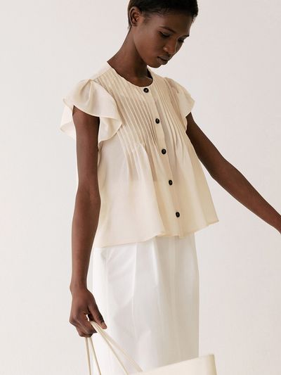 KINDERSALMON Pintucked Ruffle-Sleeve Blouse Cream