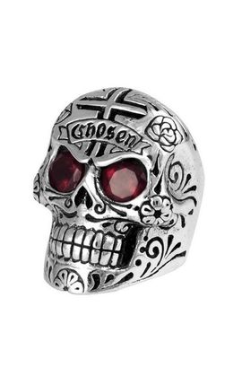 King Baby Studio King Baby Studio Large Skull Ring with Chosen Cross Detail and Garnet Eyes