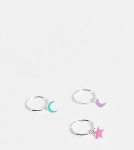 Kingsley Ryan Kingsley Ryan x3 pack pastel enamel huggie hoops in sterling silver-Purple