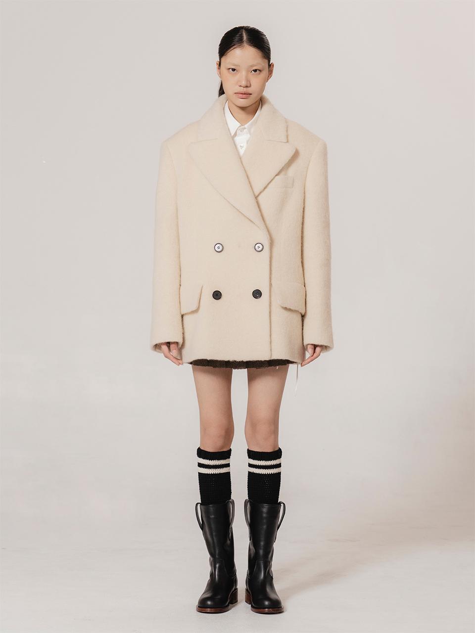 kiok Alpaca Hairy Double-Breasted Pea Coat [Yellow]