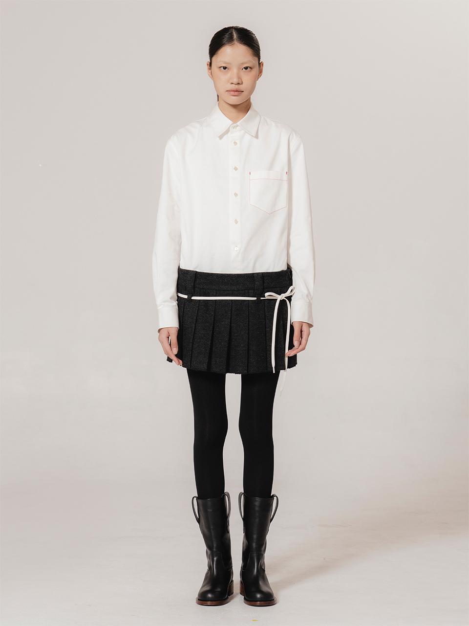 kiok Laced-up Pleated Herringbone Mini Skirt [Dark Charcoal]
