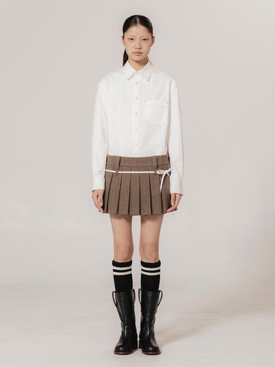 kiok Laced-up Pleated Herringbone Mini Skirt [Sand]