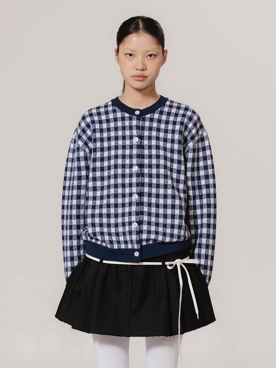 kiok Wool Gingham Ribbed Knit Cardigan [Navy]