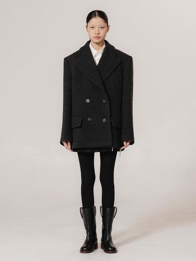 kiok Wool Twill Double-Breasted Oversized Coat [Ink]