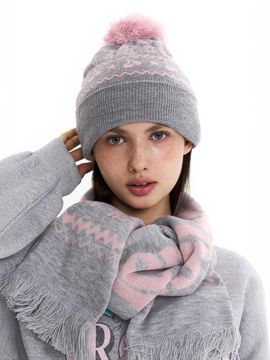 KIRSH Jacquard Knit Detachable Pom-Pom Beanie [Melange Grey]