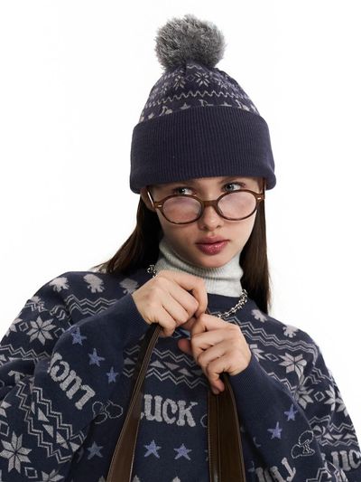 KIRSH Jacquard Knit Detachable Pom-Pom Beanie [Navy]
