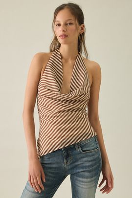 Kiss The Sky Kiss The Sky Adriana Asymmetric Cowl Neck Halter Top in Brown, Women's at Urban Outfitters