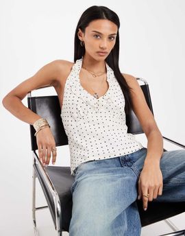 Kiss The Sky Kiss The Sky Aetitia cowl neck halter top in ivory polka dots-White