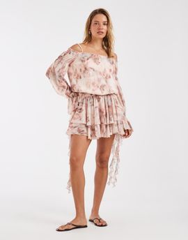 Kiss The Sky Kiss the Sky boho off the shoulder mini dress with asymmetric ruffles in pink multi