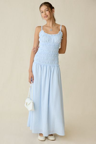 Kiss The Sky Kiss The Sky Cherie Smocked Drop Waist Maxi Dress in Blue, Women's at Urban Outfitters