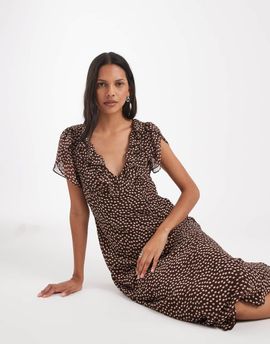 Kiss The Sky Kiss the Sky chiffon midaxi dress with ruffle edging in brown and white polka dot print-Multi
