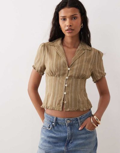 Kiss The Sky Kiss the Sky collared halter neck striped top in olive green