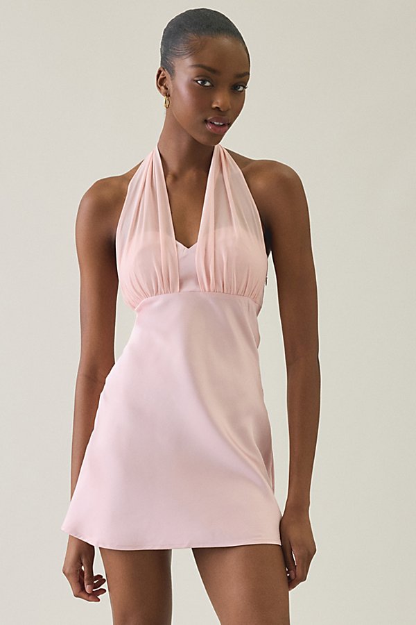 urban outfitters halter neck dress Kiss The Sky Deep plunge halter ruched mesh midi