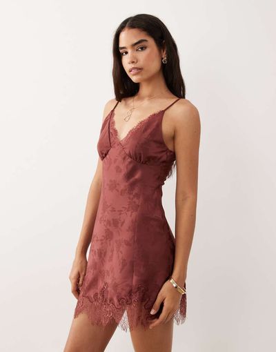 Kiss The Sky Kiss the Sky eyelash lace trim strappy mini dress in dark plum-Red
