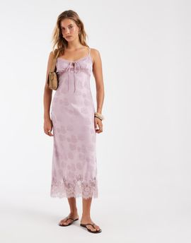 Kiss The Sky Kiss the Sky jacquard maxi dress with lace detail and tie front in dusty plum-Purple