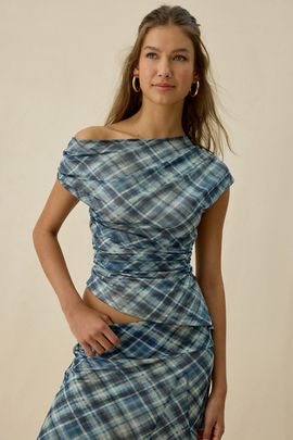 Kiss The Sky Kiss The Sky Jeanie Asymmetric Off-Shoulder Mesh Top in Blue, Women's at Urban Outfitters