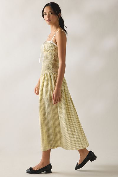 Kiss The Sky Kiss The Sky Jules Seersucker Shirred Drop Waist Maxi Dress in Light Yellow, Women's at Urban Outfitters