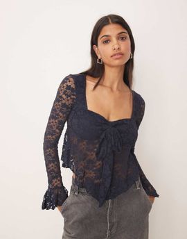 Kiss The Sky Kiss The Sky long sleeve balloon lace top in navy