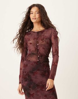 Kiss The Sky Kiss The Sky long sleeve button up laced top in cherry lacquer - part of a set-Red