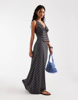 Kiss The Sky Kiss the Sky low rise maxi slip skirt in blue plaid - part of a set