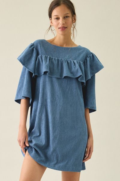 Kiss The Sky Kiss The Sky Mimi Corduroy Ruffle Babydoll Mini Dress in Blue, Women's at Urban Outfitters