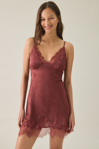 Kiss The Sky Kiss The Sky Persia Jacquard Satin Lace Trim Mini Dress in Plum, Women's at Urban Outfitters