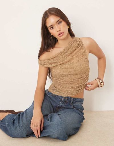 Kiss The Sky Kiss The Sky ruched off shoulder lace top in hazel-Neutral