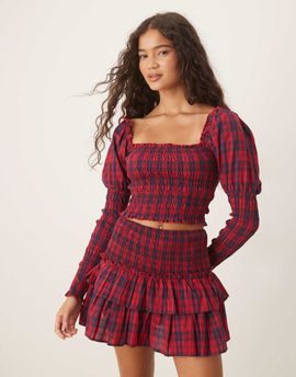 Kiss The Sky Kiss The Sky ruched top with puff sleeves in burgundy plaid-Red