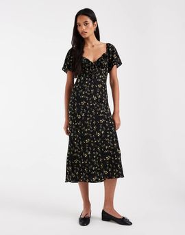 Kiss The Sky Kiss the Sky ruffle sleeve midi dress in black ditsy floral-Multi