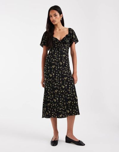 Kiss The Sky Kiss the Sky ruffle sleeve midi dress in black ditsy floral-Multi