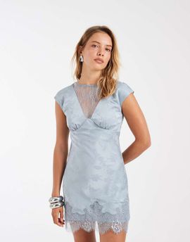 Kiss The Sky Kiss the Sky v-neck lace jacquard mini dress in blue aura