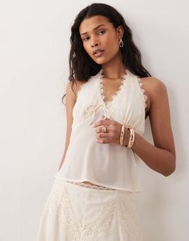 Kiss The Sky Kiss The Sky Yasmeen chiffon lace halter top in cream-Neutral