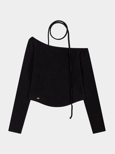 KISYNING Off-Shoulder Tie Scarf Sleeve Top (Black)