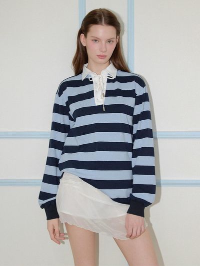 KISYNING Stripe Neck Ribbon Rugby Tee [Blue]