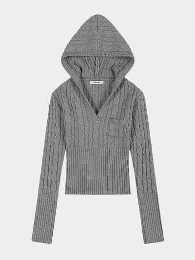 KISYNING Twist Crochet V-neck Hoodie (Gray)