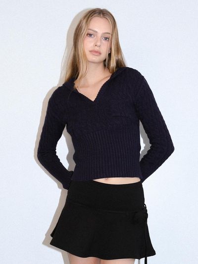 KISYNING Twist Crochet V-neck Hoodie (Navy)