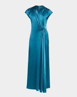 Kiton Cap-Sleeve Pleated Satin Wrap Maxi Dress