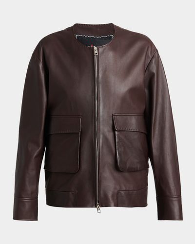 Kiton Collarless Leather Bomber Jacket