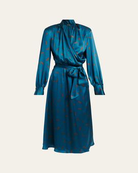 Kiton Strong-Shoulder Long-Sleeve Satin Midi Wrap Dress