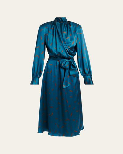 Kiton Strong-Shoulder Long-Sleeve Satin Midi Wrap Dress
