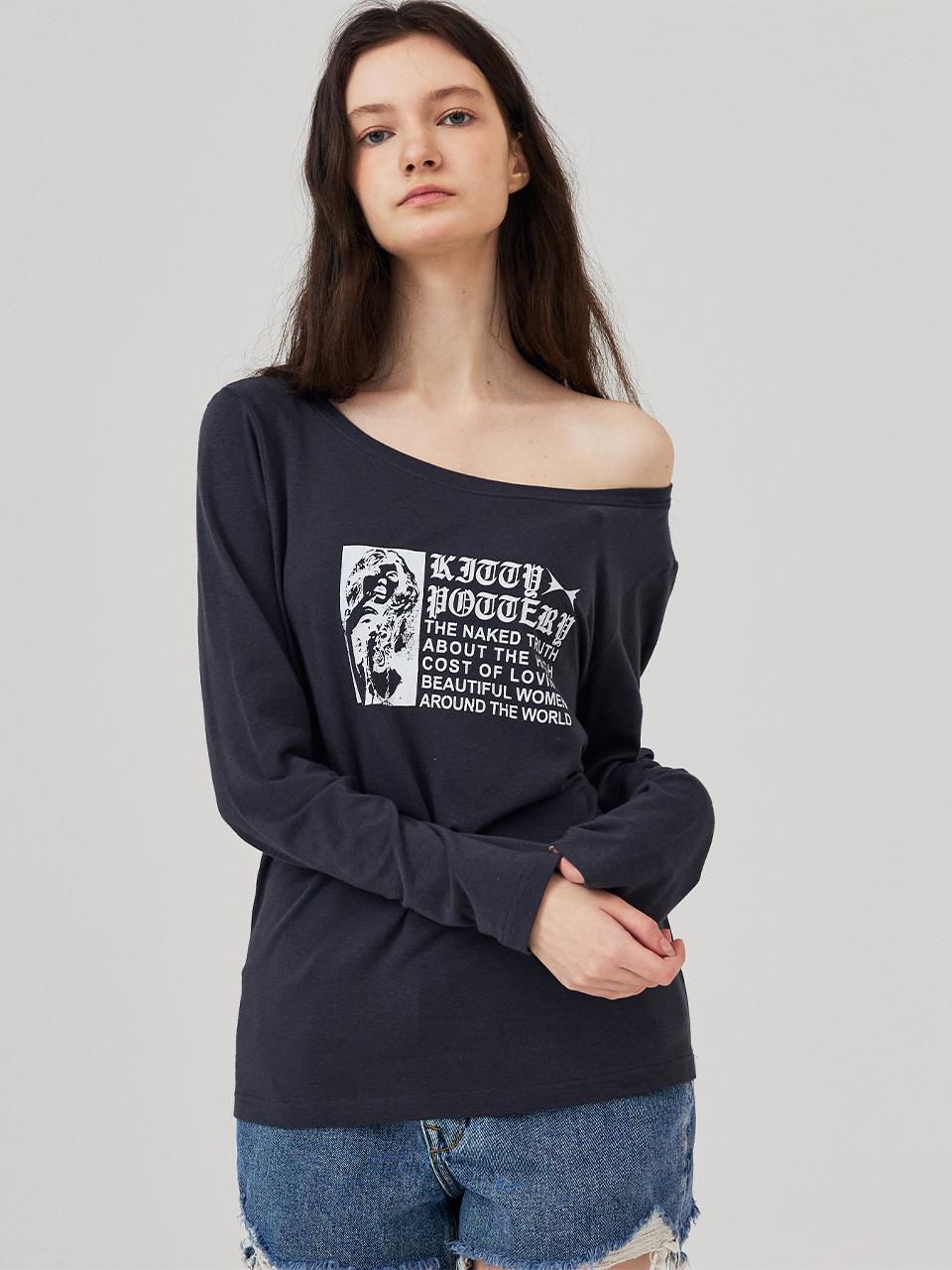 KITTY POTTERY Boat Neck Glam Graphic Long Sleeve T-shirt Grey