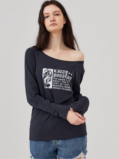 KITTY POTTERY Boat Neck Glam Graphic Long Sleeve T-shirt Grey