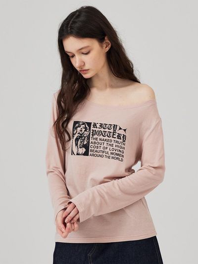 KITTY POTTERY Boat Neck Glam Graphic Long Sleeve T-shirt Pink