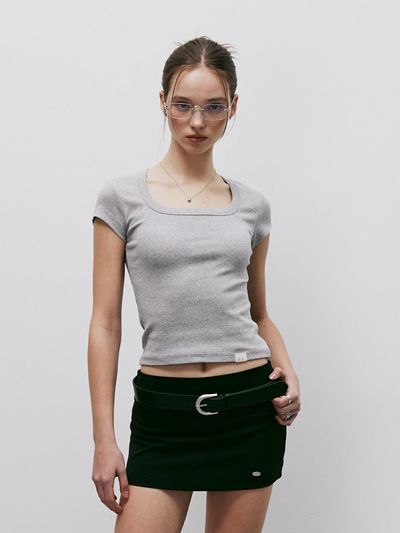 KITTY POTTERY Classic Soft Deep Square Neck T-shirt [MELANGE GREY]