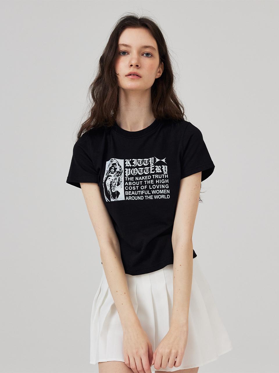 KITTY POTTERY Glam Graphic Cropped Short-Sleeved T-Shirt Black