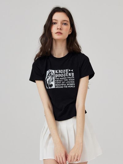 KITTY POTTERY Glam Graphic Cropped Short-Sleeved T-Shirt Black
